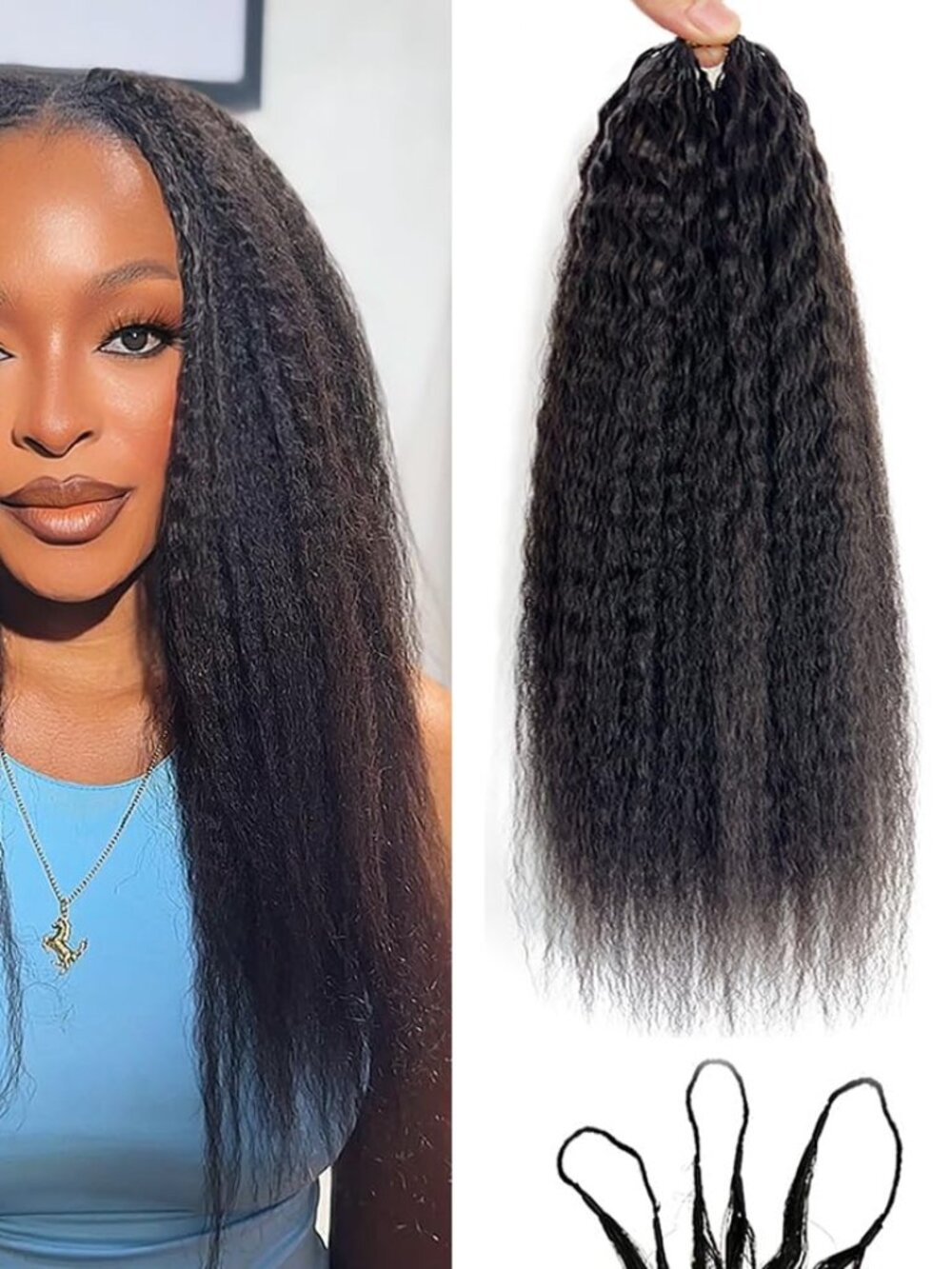 18" Kinky Straight Yaki HUMAN HAIR Micro Loop 120g Knotless Crochet Extensions